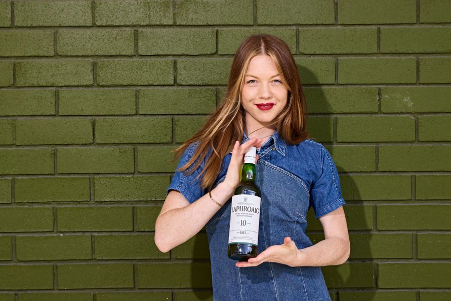Hannah with  Laphroaig bottle