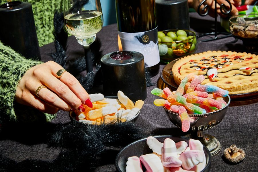 Bowls of lollies and wine at a Halloween party