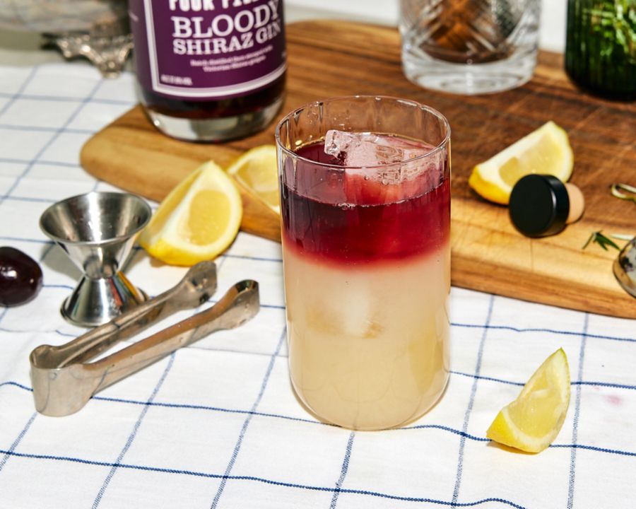 The Who Shot Tom Collins cocktail, with a Bloody Shiraz Gin float 