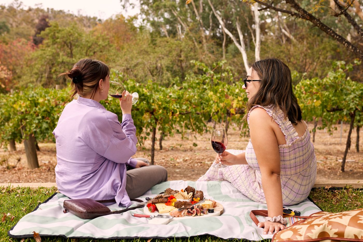 Two friends sitting on a picnic rug looking at vines with a grazing plate 
