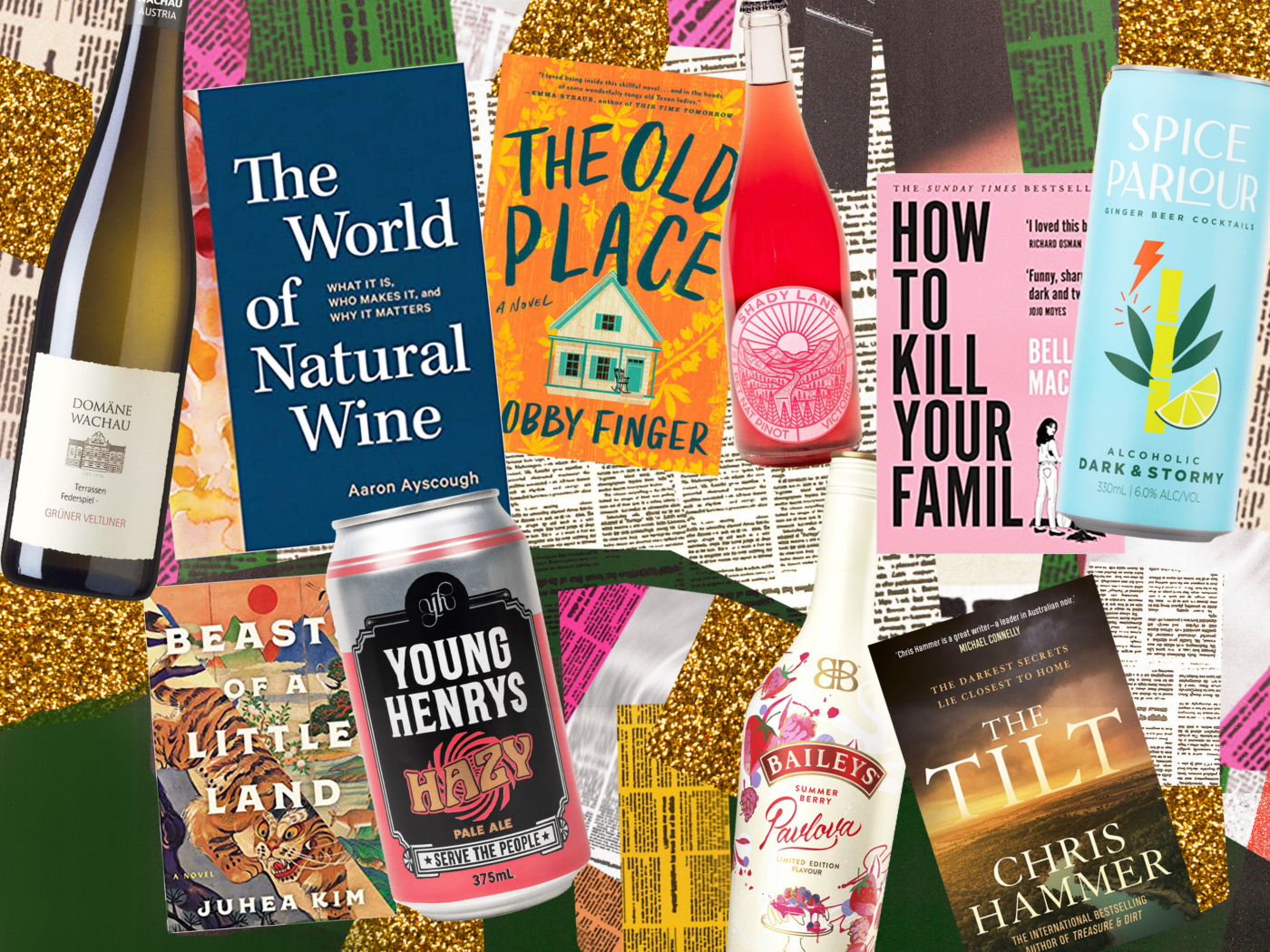 An illustration of book covers with the drinks to enjoy with them 
