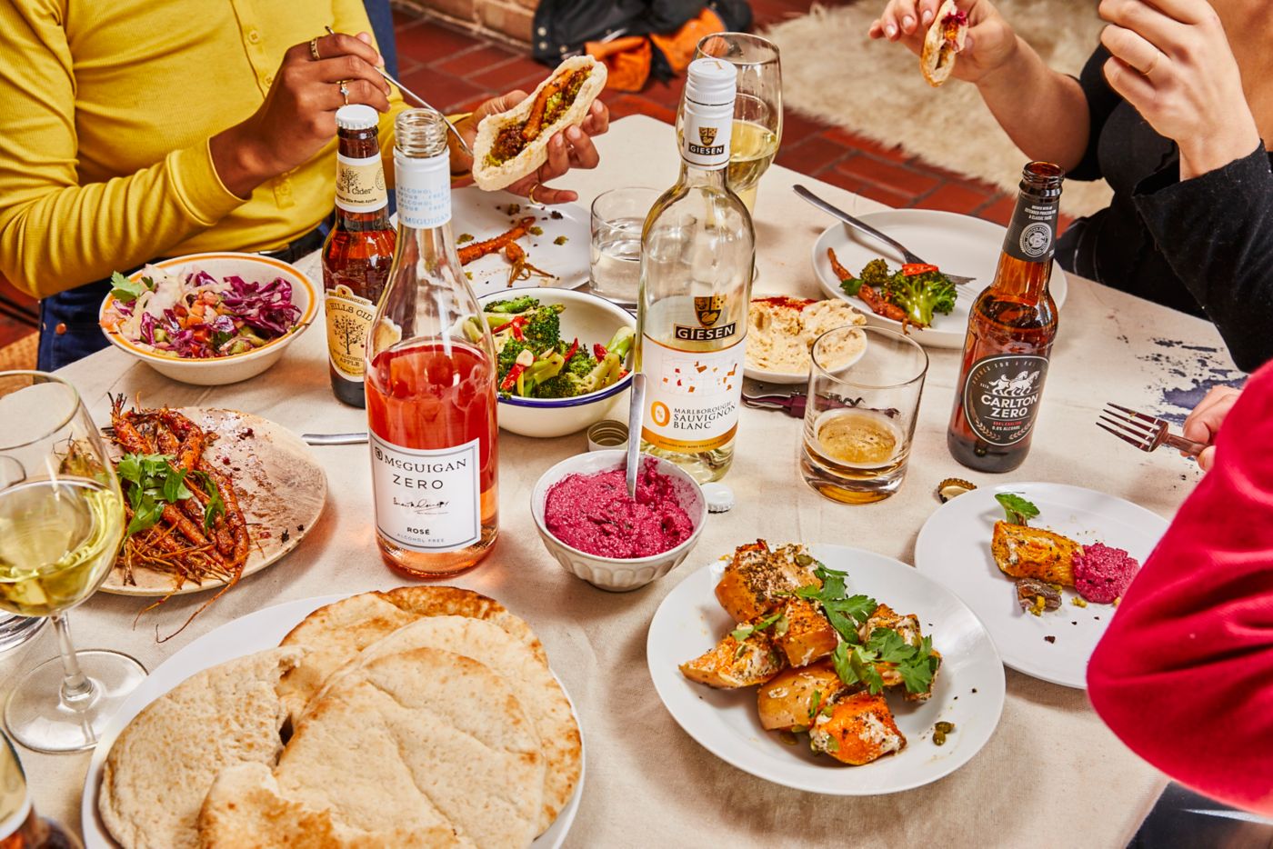 A spread of dishes with a few differemt low- and no-alcohol versions  