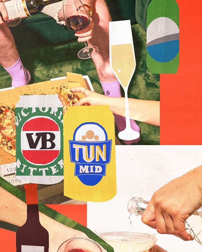 An illustration of drinks and pizza at home