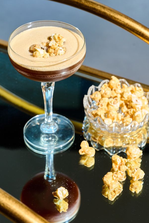 The non-alc Salted Caramel Espresso Martini with caramel popcorn