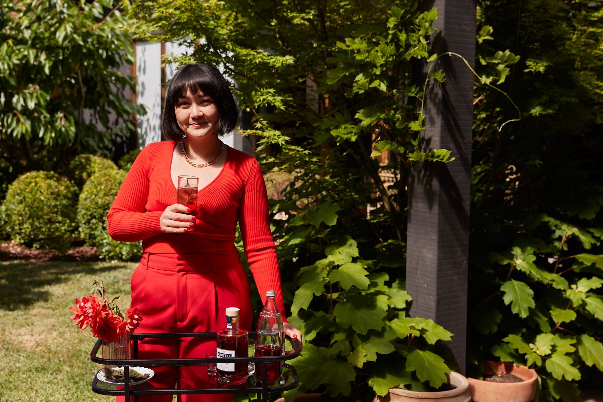 Chef Rosheen Kaul and a Blood Plum and Shiso Highball