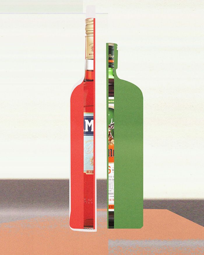 An illustration of an apertif bottle next to a digestif bottle