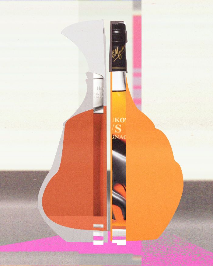 An illustration of half a bottle of Cognac and half a bottle of brandy