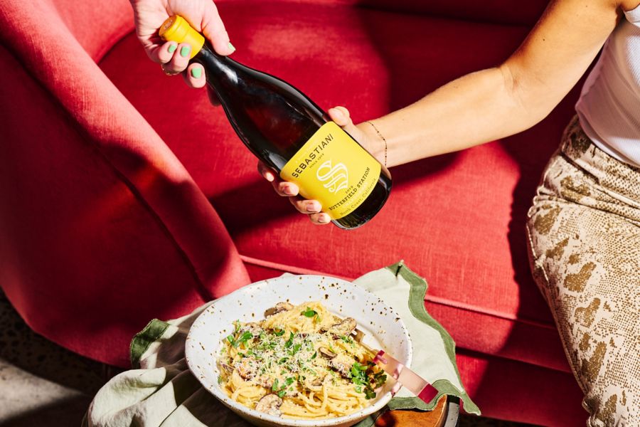 The Sebastiani Chardonnay with a bowl of pasta