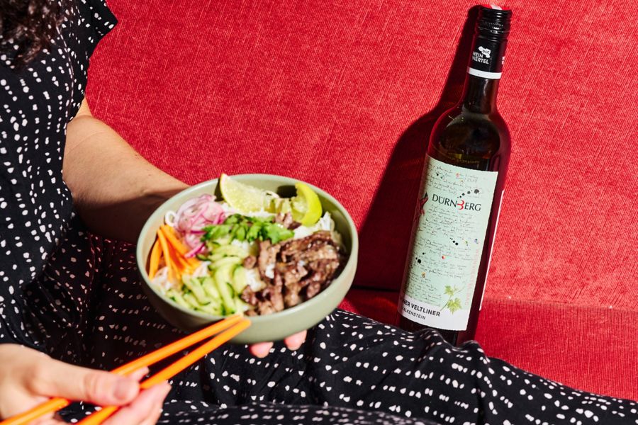 A bottle of Durberg Gruner Veltliner with a Vietnamese meal 