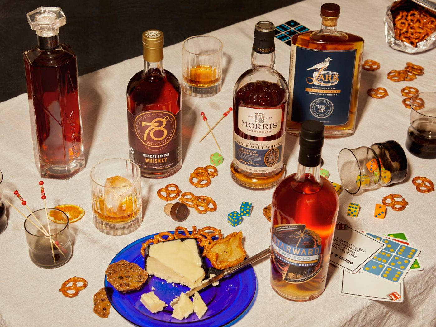 Cheese on a table with a choice of Australian whiskies 
