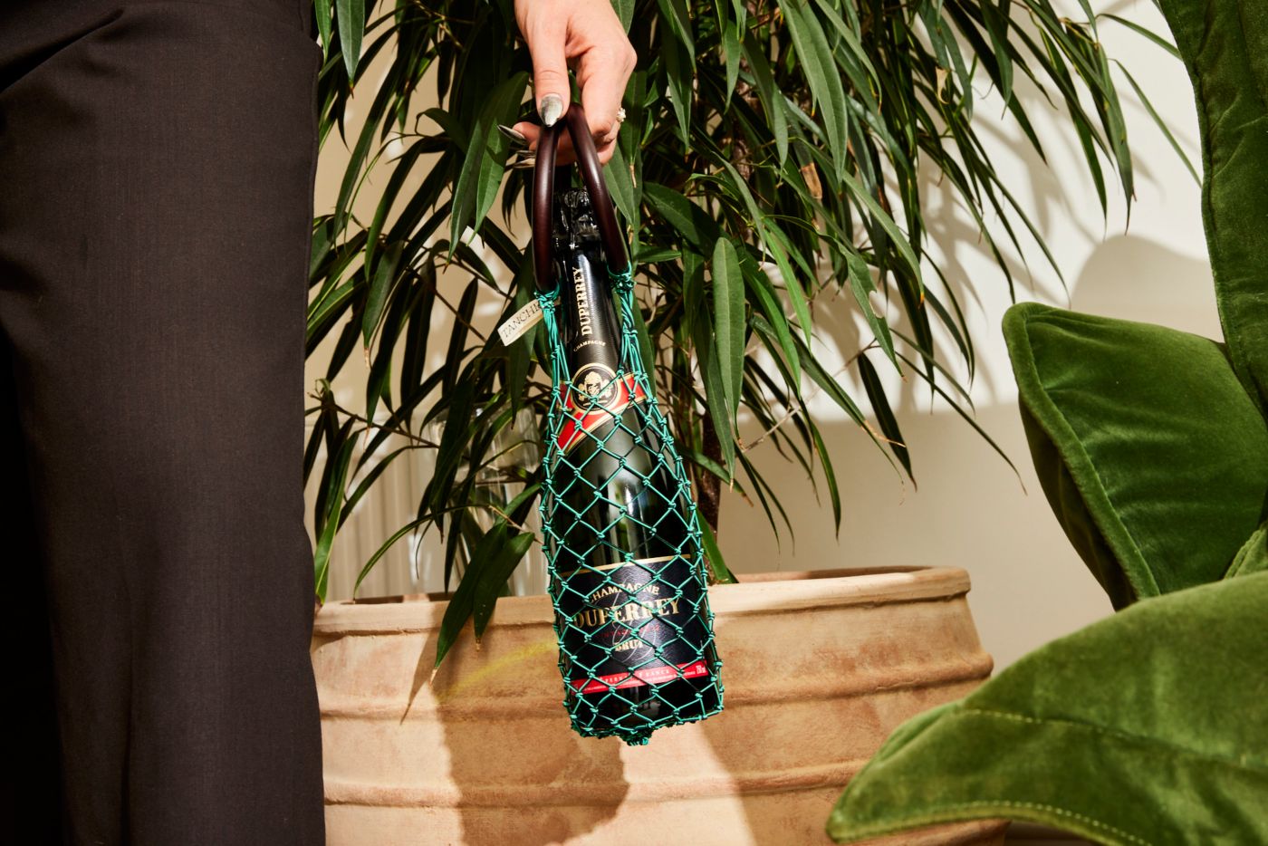 Holding a bag with a bottle of Duperrey Champagne in front of a plant. 