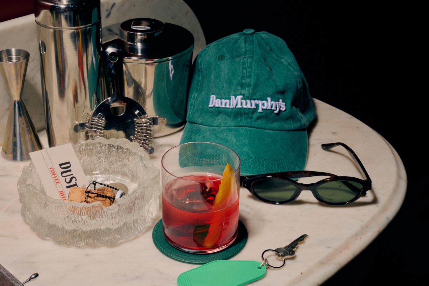 A bar set-up with a Negroni and cocktail gear