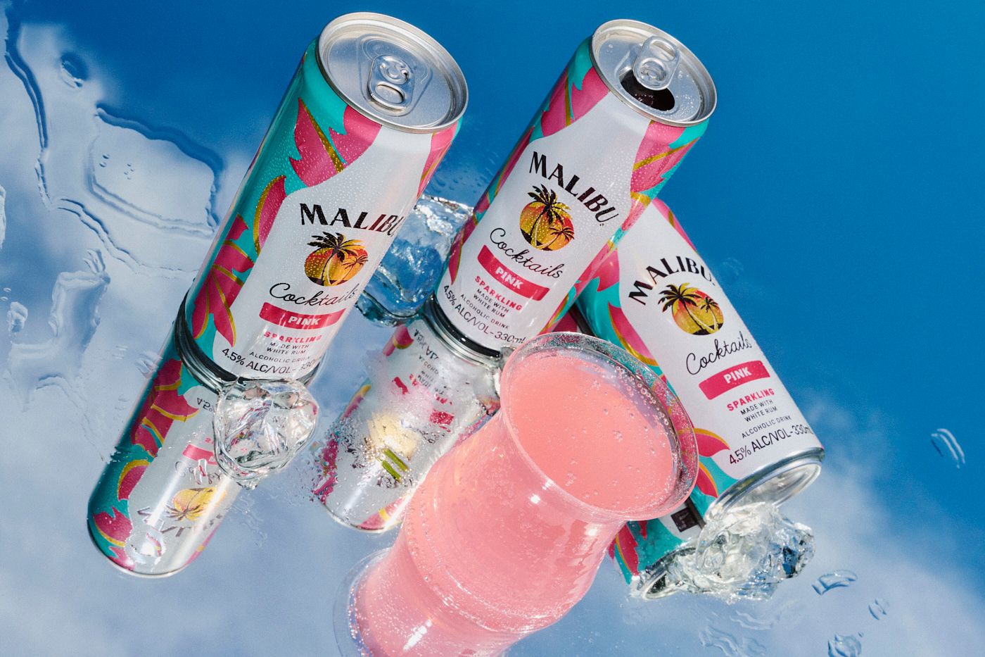 The new Malibu Pink with a glass of the new RTD and ice 