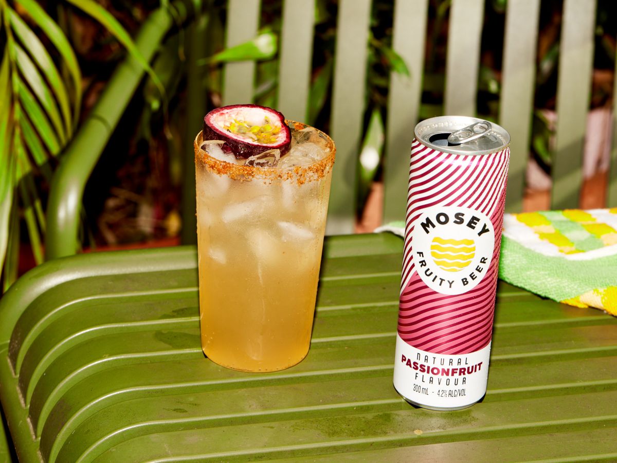 The Spicy Mosey Margarita with a can of Mosey Fruity Beer