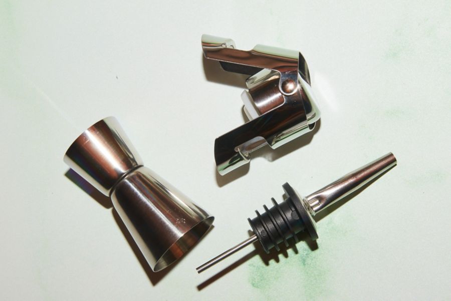 Mixology tools, including a jigger, pourer and sparkling seal