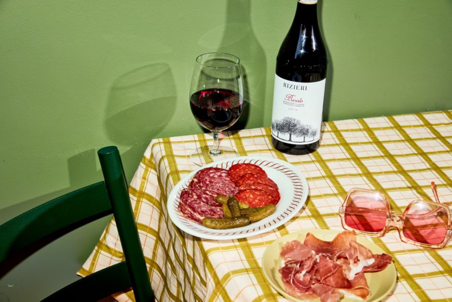 A plate of cured meats served with Barolo 