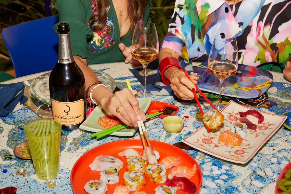 Grace and Jenny Kee eating Japanese sushi platter with Billecart-Salmon Brut Rosé