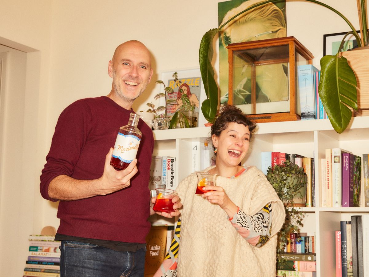 Pat Nourse and Helena Rosebery drinking Marionette Bitter Curacao Liqueur 