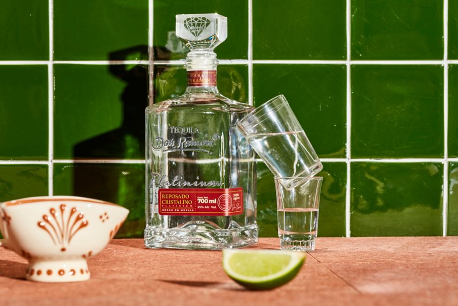 A bottle of Tequila Don Ramón Platinum Reposado Cristalino