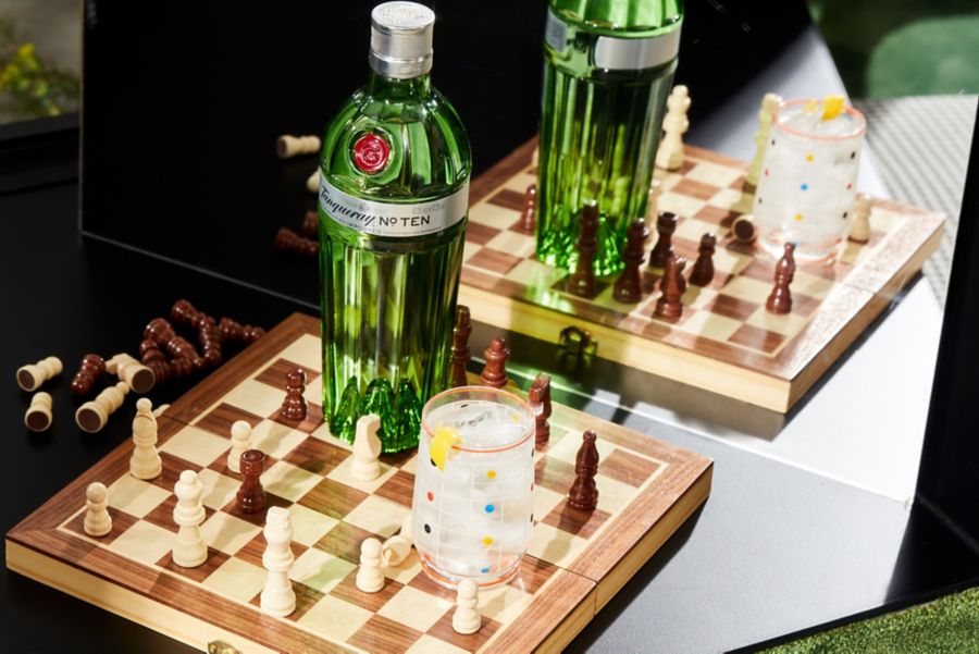 Bottle of Tanqueray No. Ten Gin on a chess board