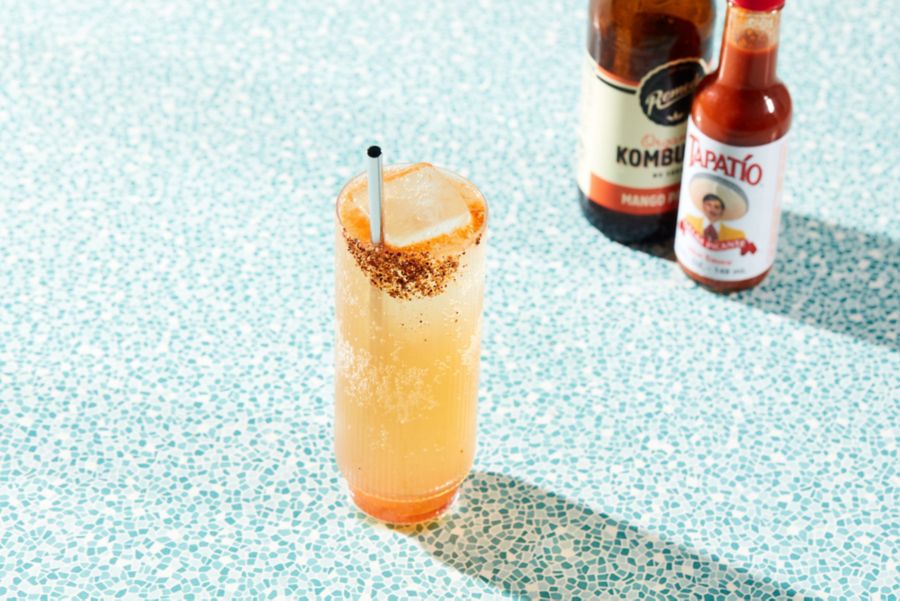 Spicy Buch-erita cocktail in a tall glass with spiced salt rim. 