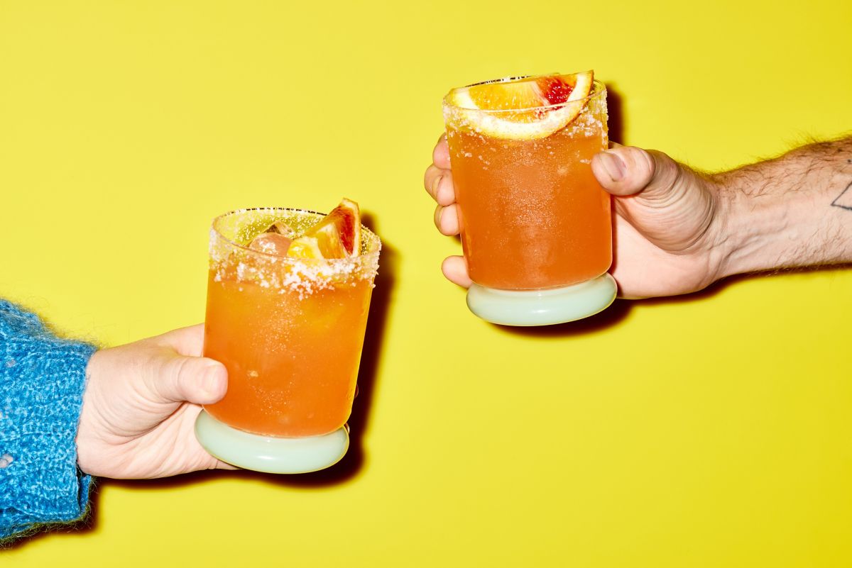 Up close on the garnish and salt rim on the Blood Orange Margarita