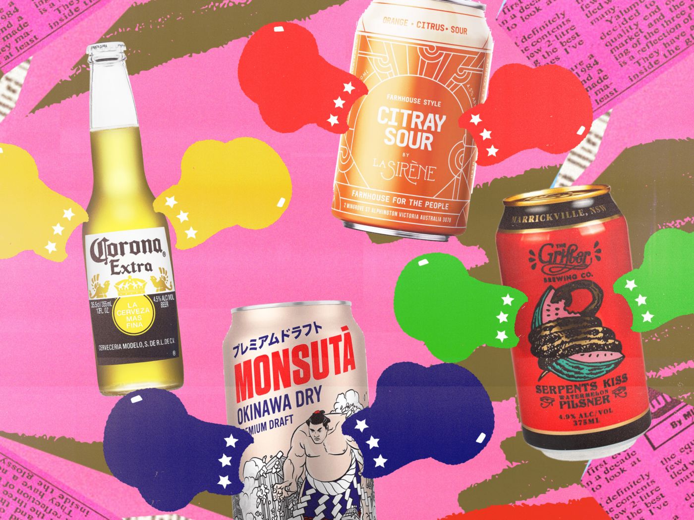 Four different beers against a bright pink, illustrated background