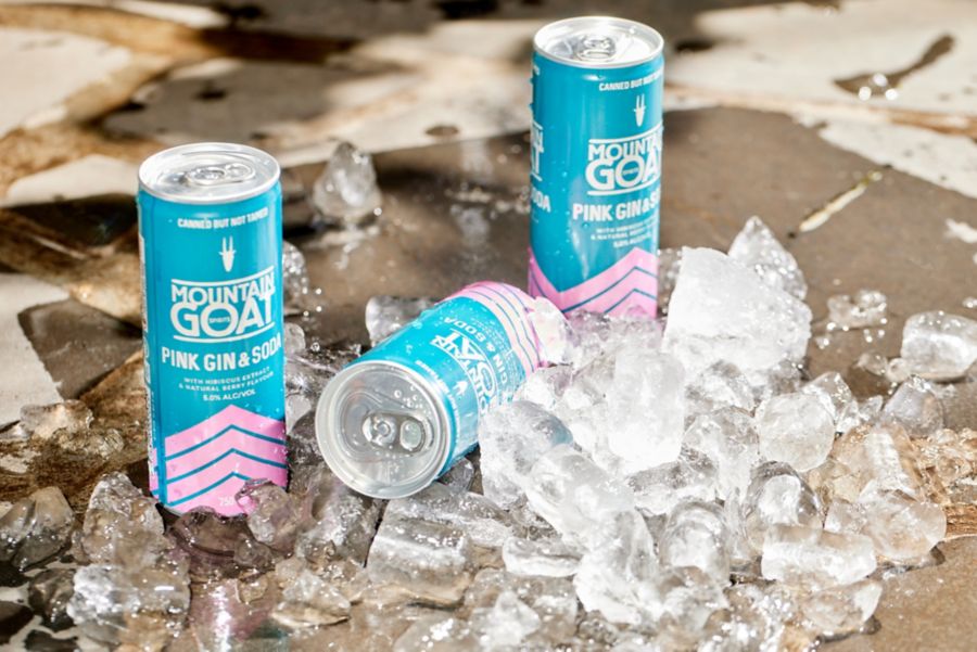Mountain Goat Pink Gin and Soda cans with ice