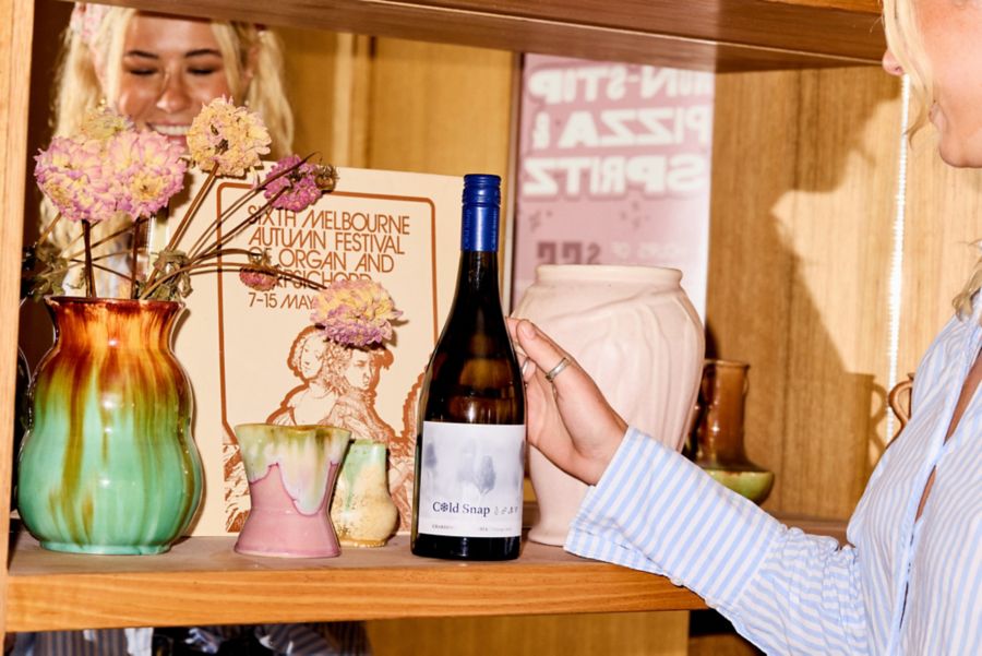 A bottle of Cold Snap Cool Climate Victoria Chardonnay on a shelf