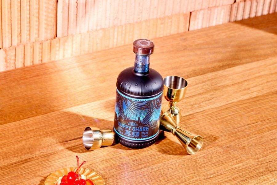 A bottle of the Duppy Share with jiggers