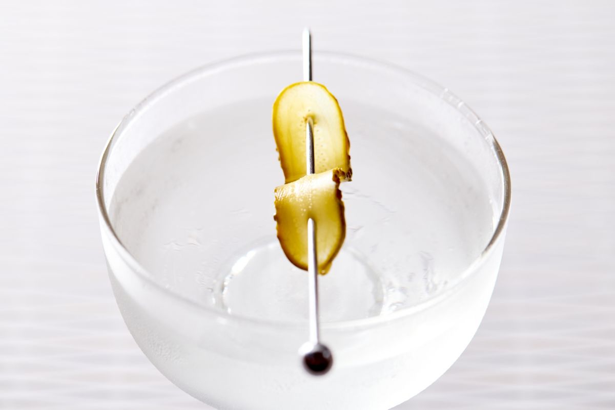 The Pickletini is finished with a skewered pickle