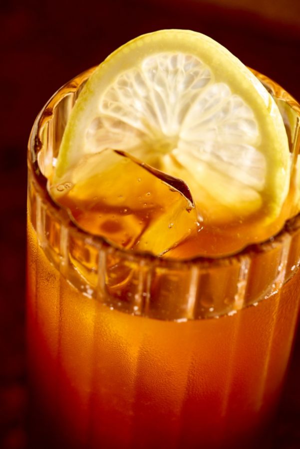 The top of a refreshing Bourbon Peach Tea cocktail
