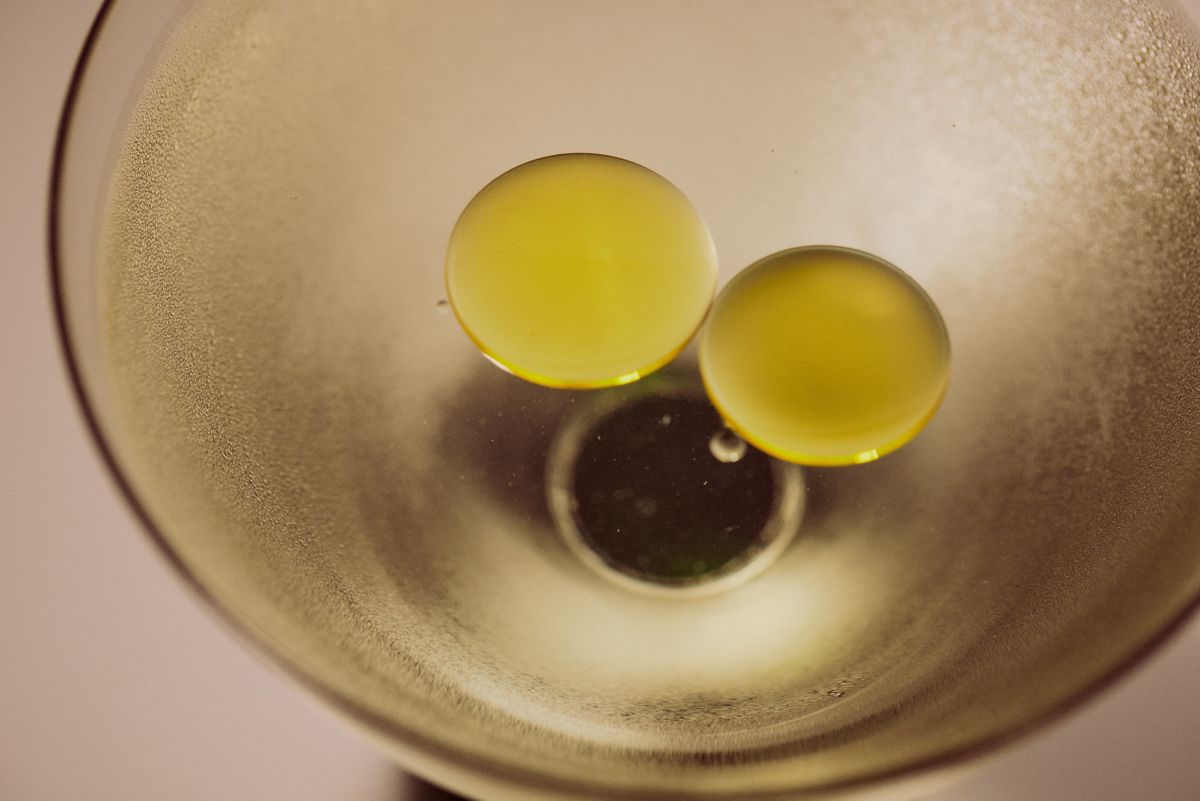 Looking at the top of the Tomatini cocktail, made from tomato-infused vodka