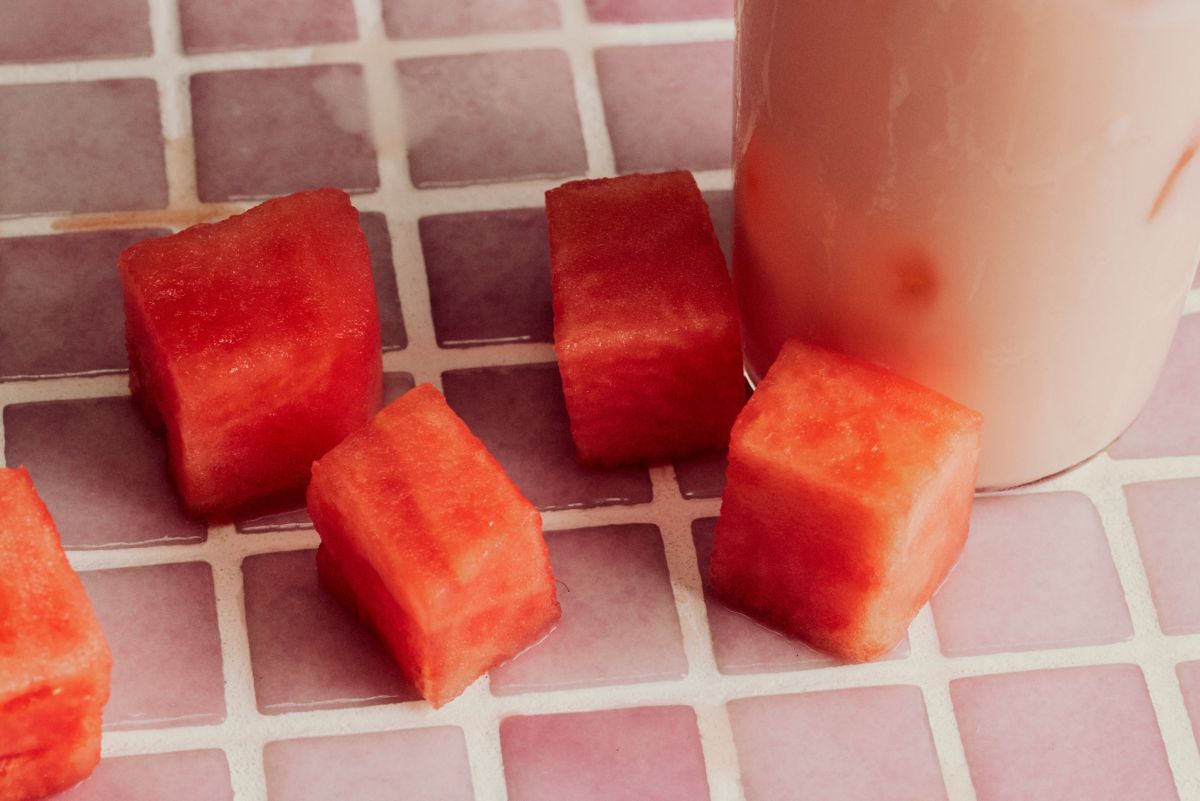 The creamy Watermelon Batida is garnished with a slice of watermelon