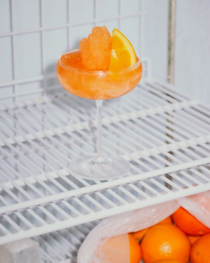 A Frozen Aperol Spritz sitting in the fridge