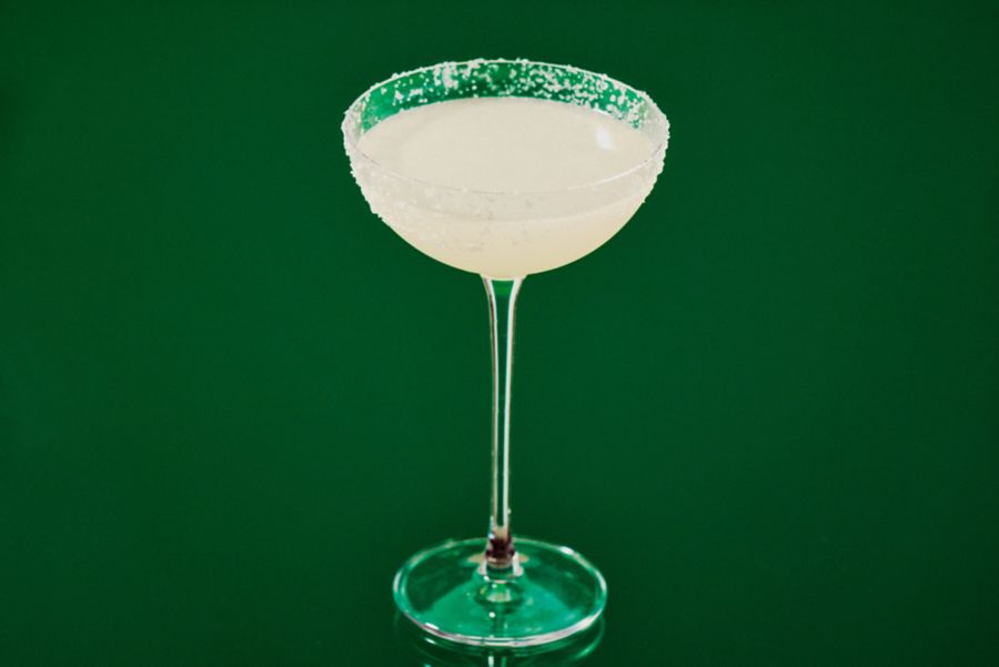 The classic Margarita is served in a stemmed, salt-rimmed glass 