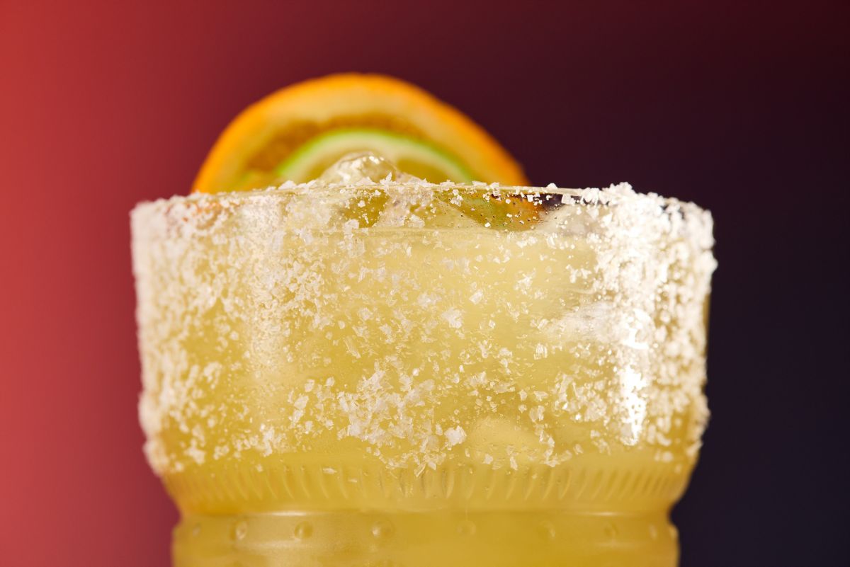 A close-up of the Mezcalita cocktail with its salted glass rim