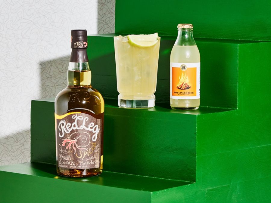 A Dark ’N’ Stormy with a bottle of spiced rum and ginger beer. 