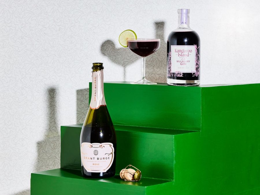 A Mulberry Gin Spritz, made from sparkling rosé and mulberry gin.