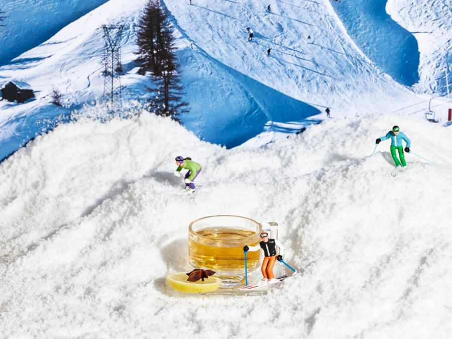 A Hot Toddy sitting in a snowy backdrop  