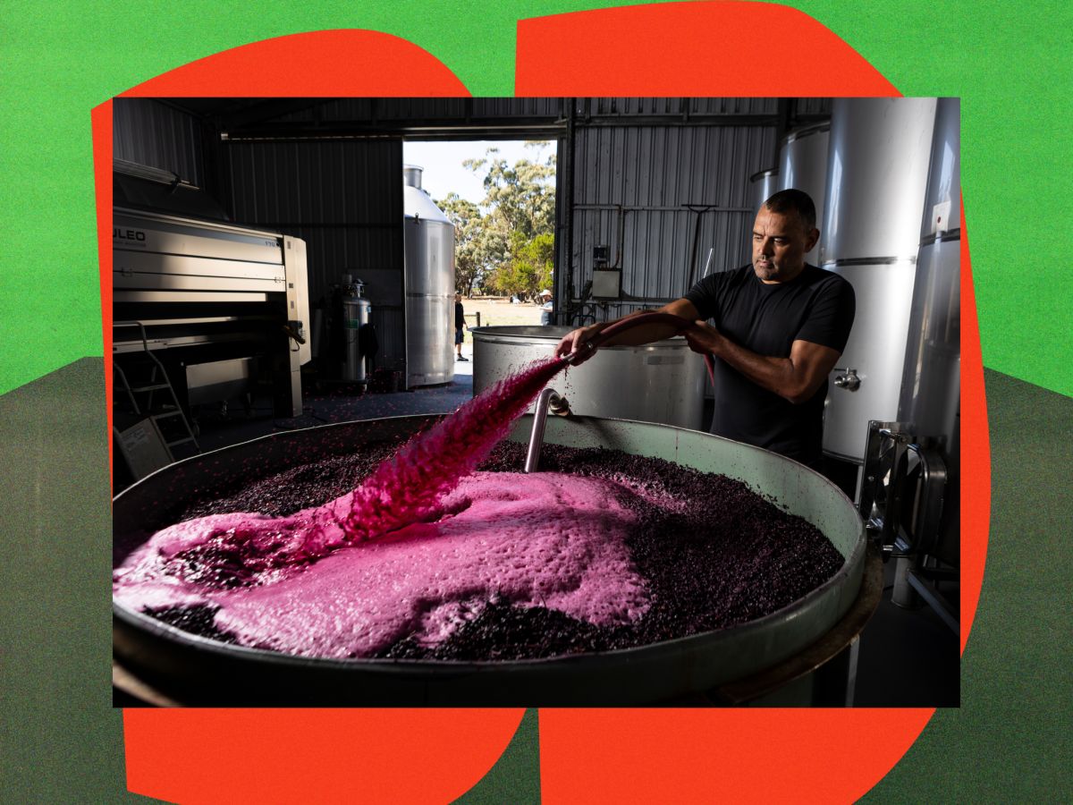 Paul Vandenburgh puming over red wine in the winery 