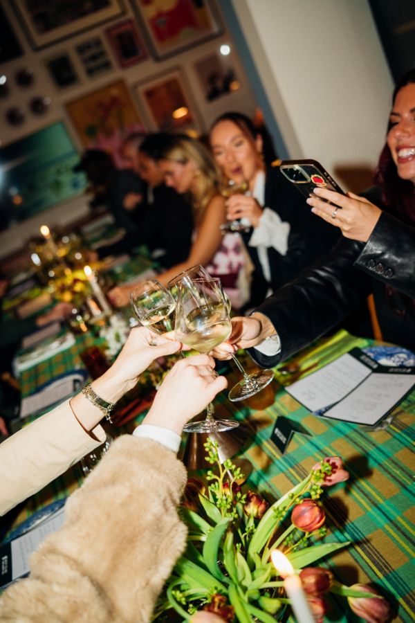 Guests clinking glasses at the table