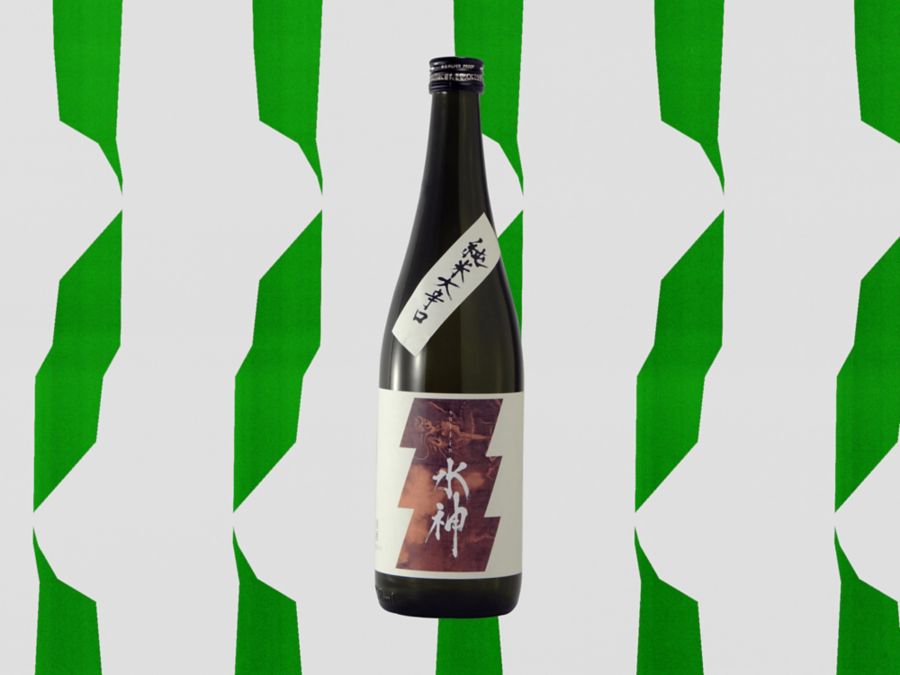 A bottle of Asabiraki Sake against a green and white background
