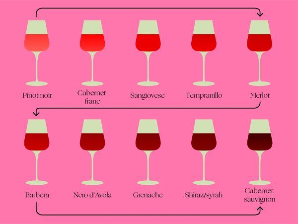  Get to know 10 key varieties in this light-to-bold line-up so you can sashay around the wine aisles like a pro. 
