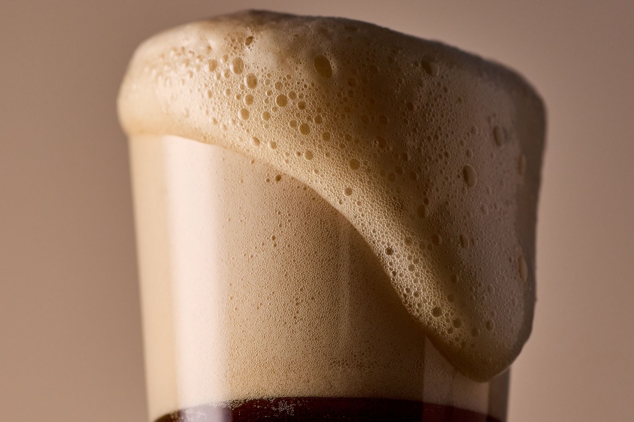 The foamy head of a Black Velvet cocktail