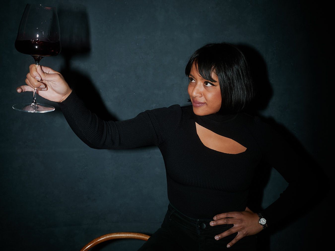 Wine communicator Liinaa Berry with a glass of wine