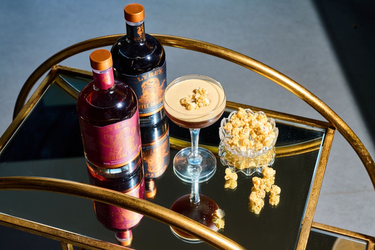 The non-alc Salted Caramel Espresso with Lyre's products and caramel popcorn 