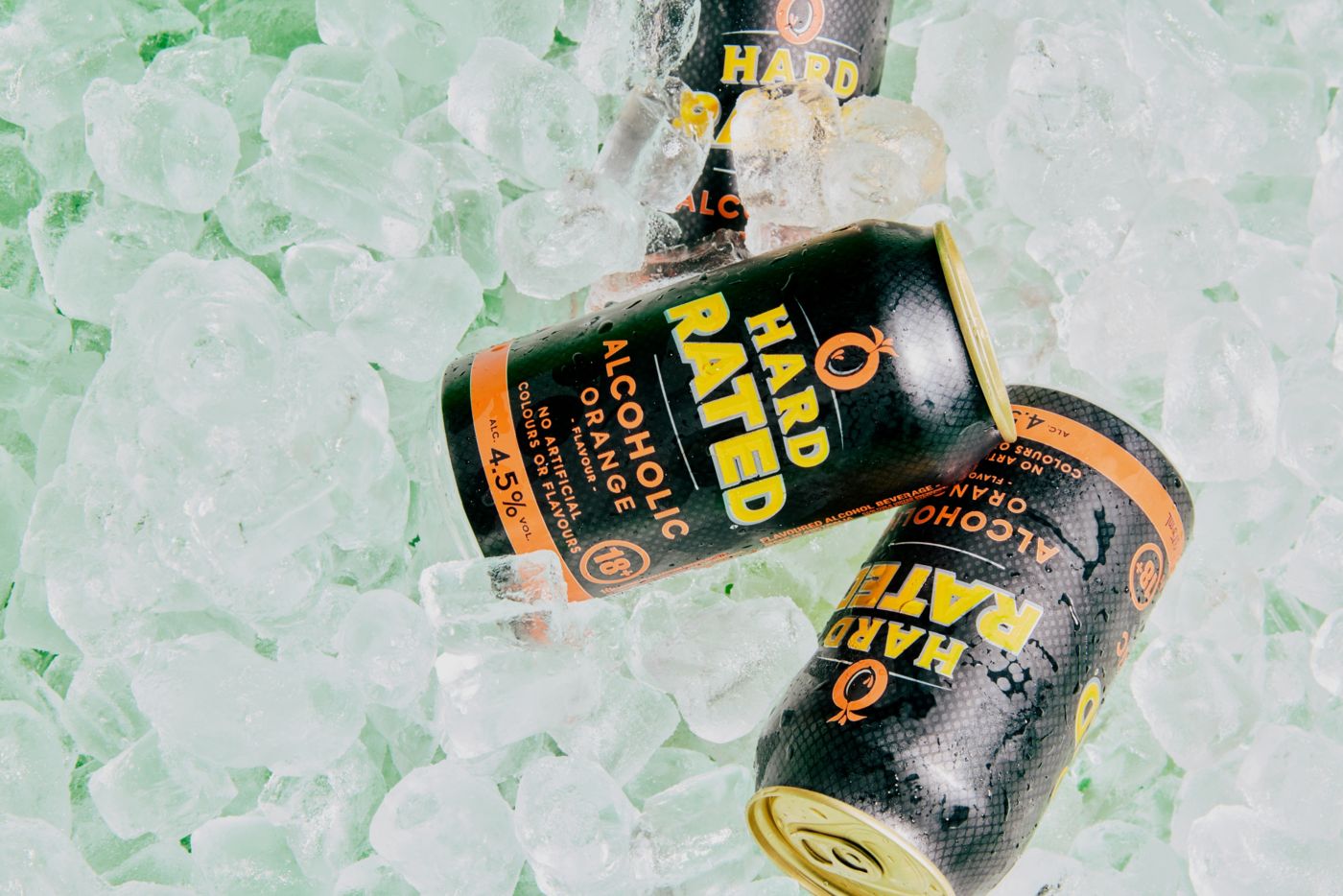 Cans of the new Hard Rated Orange on ice 