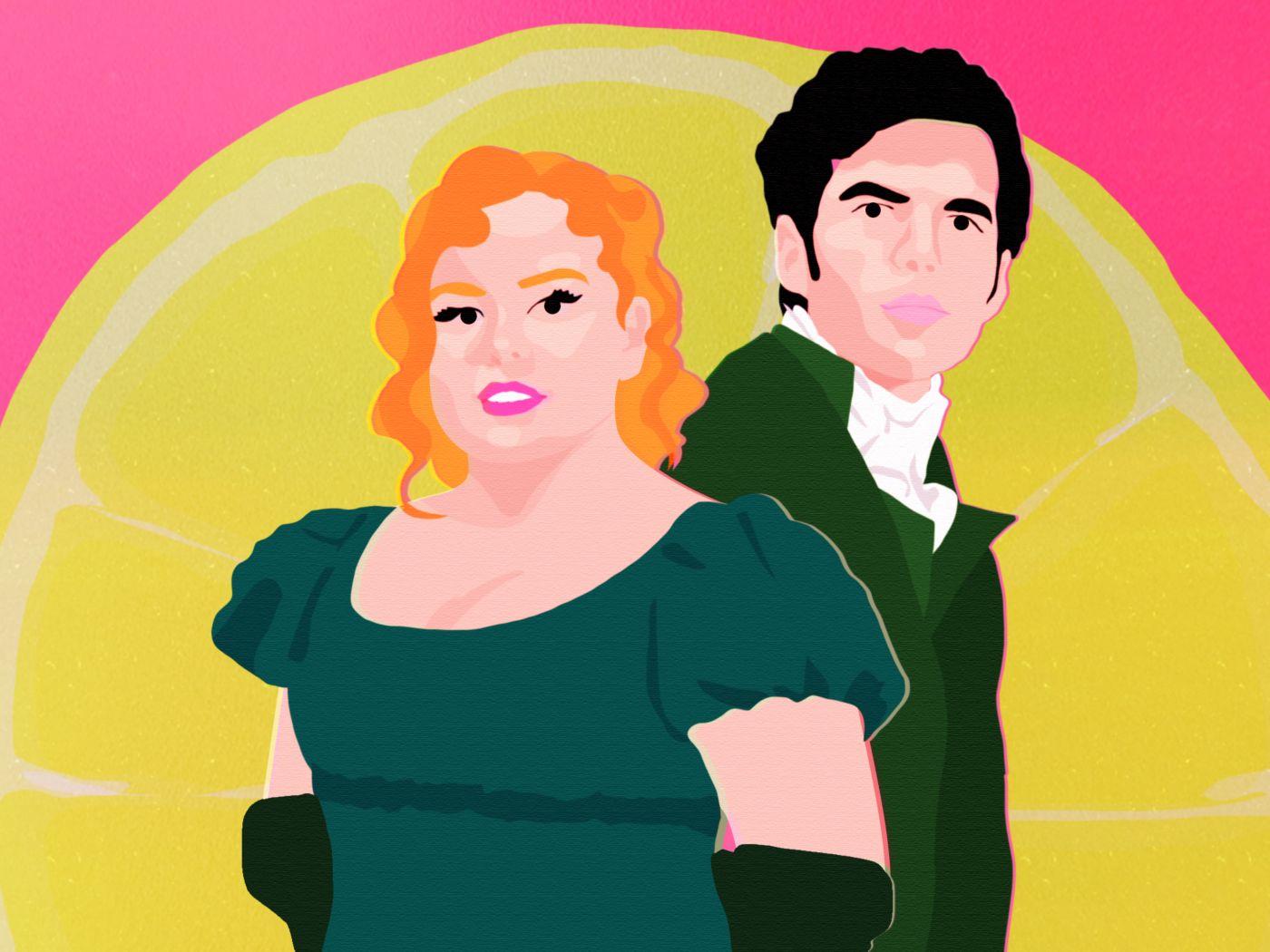 An illustration of two main characters of the hit Netlix show Bridgerton 