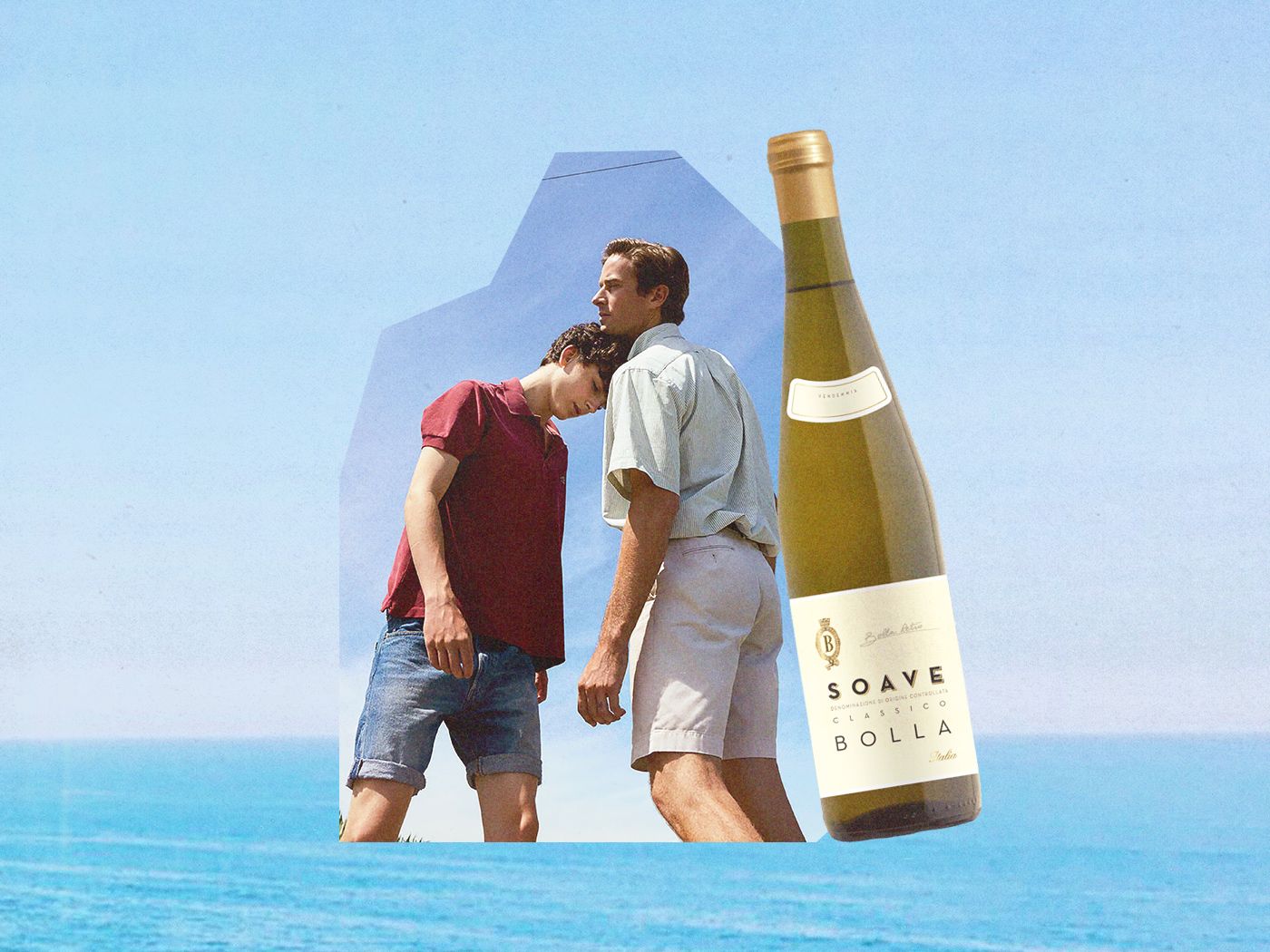 Characters from Call Me By My Name and a bottle of Soave